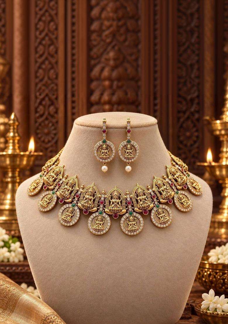 Gold-Plated Temple Stone Studded & Beaded Necklace and Earrings for Women | Traditional Temple Jewellery for Wedding & Festive Wear | Gift for Her - Indya