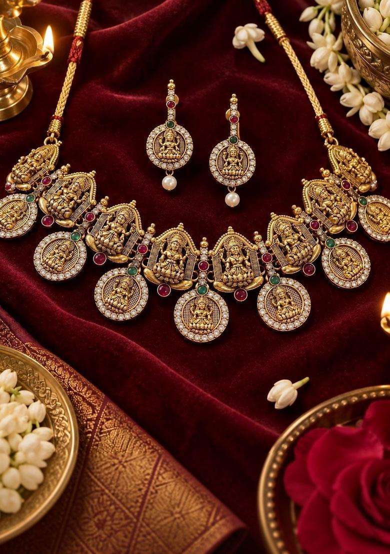 Gold-Plated Temple Stone Studded & Beaded Necklace and Earrings for Women | Traditional Temple Jewellery for Wedding & Festive Wear | Gift for Her - Indya