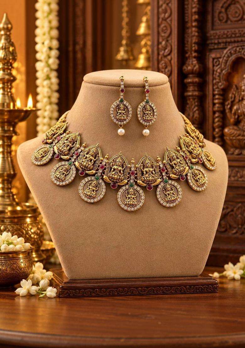 Gold-Plated Temple Stone Studded & Beaded Necklace and Earrings for Women | Traditional Temple Jewellery for Wedding & Festive Wear | Gift for Her - Indya