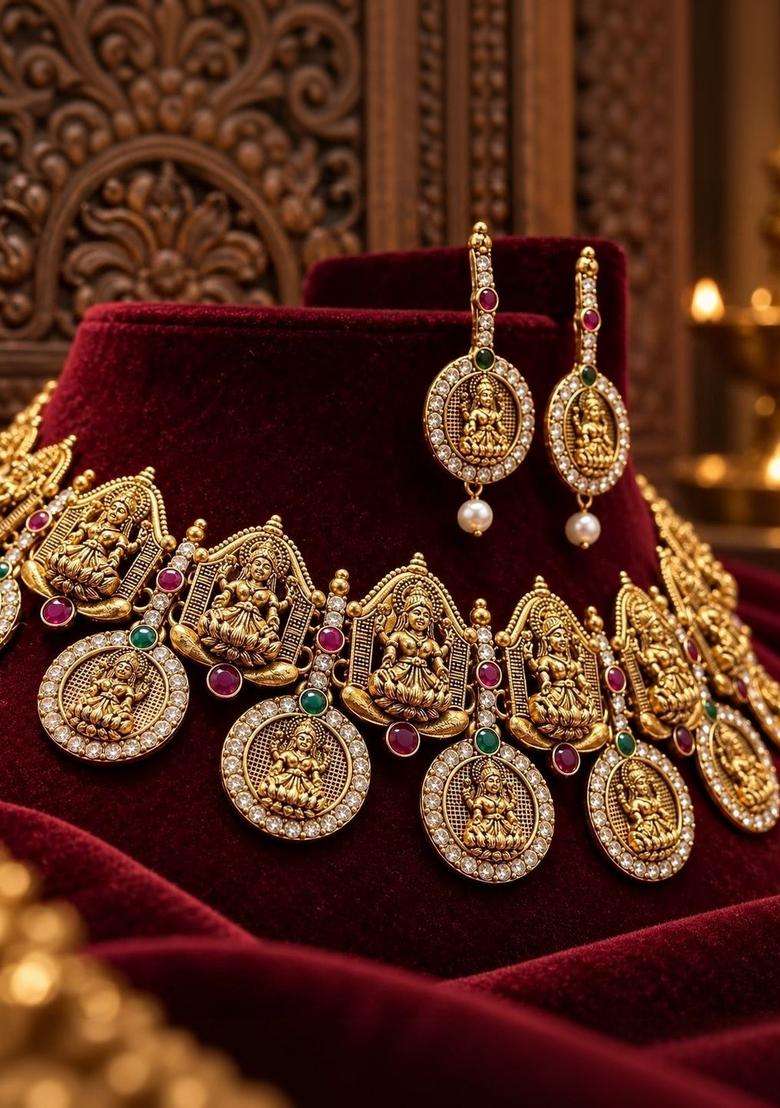 Gold-Plated Temple Stone Studded & Beaded Necklace and Earrings for Women | Traditional Temple Jewellery for Wedding & Festive Wear | Gift for Her - Indya
