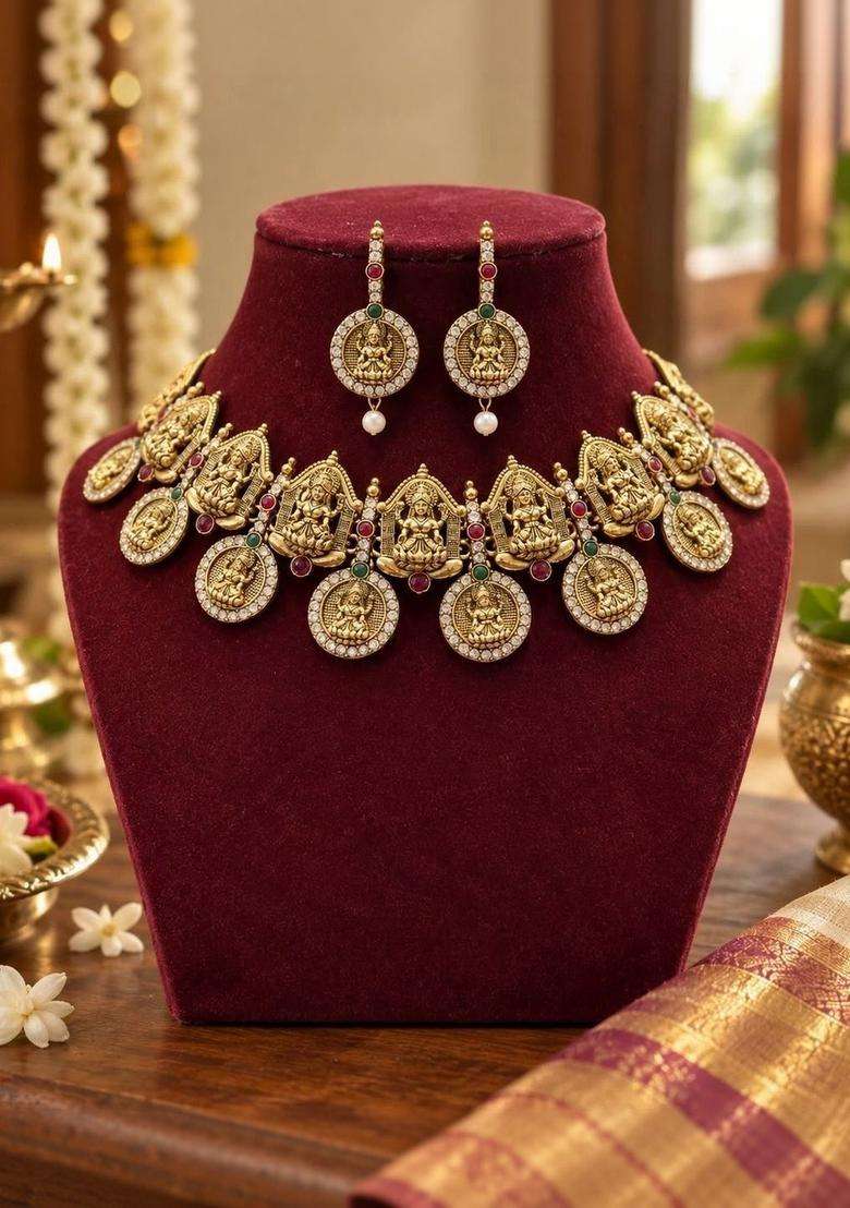 Gold-Plated Temple Stone Studded & Beaded Necklace and Earrings for Women | Traditional Temple Jewellery for Wedding & Festive Wear | Gift for Her - Indya
