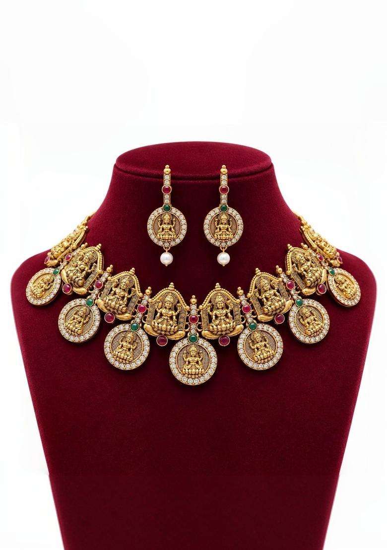 Gold-Plated Temple Stone Studded & Beaded Necklace and Earrings for Women | Traditional Temple Jewellery for Wedding & Festive Wear | Gift for Her - Indya
