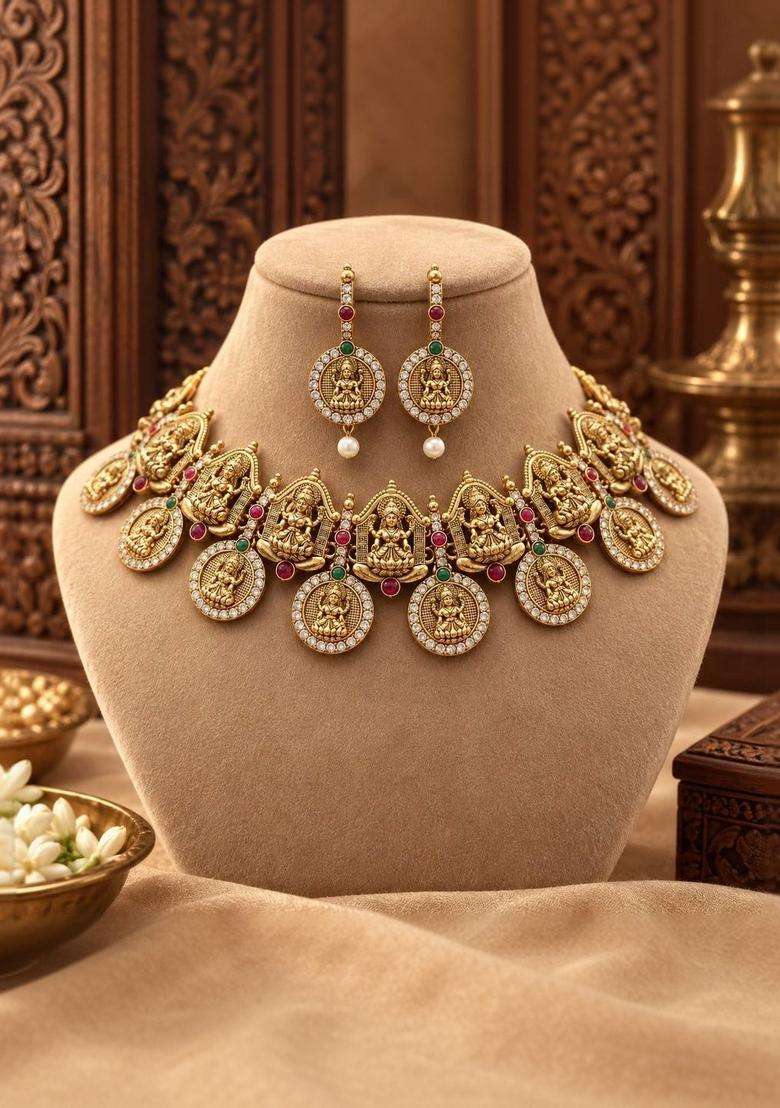 Gold-Plated Temple Stone Studded & Beaded Necklace and Earrings for Women | Traditional Temple Jewellery for Wedding & Festive Wear | Gift for Her - Indya