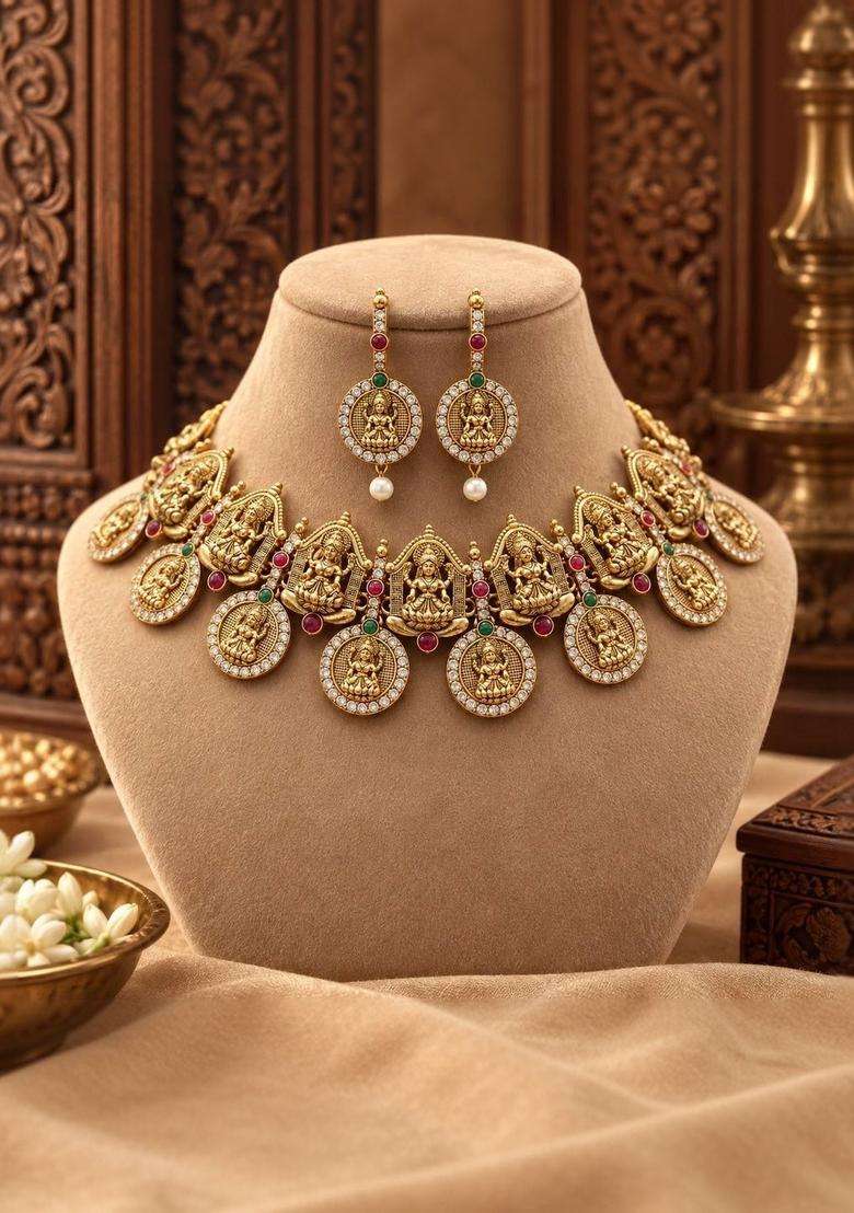 Gold-Plated Temple Stone Studded & Beaded Necklace and Earrings for Women | Traditional Temple Jewellery for Wedding & Festive Wear | Gift for Her - Indya