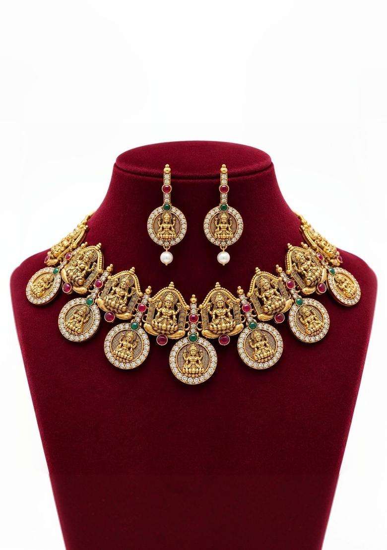 Gold-Plated Temple Stone Studded & Beaded Necklace and Earrings for Women | Traditional Temple Jewellery for Wedding & Festive Wear | Gift for Her - Indya