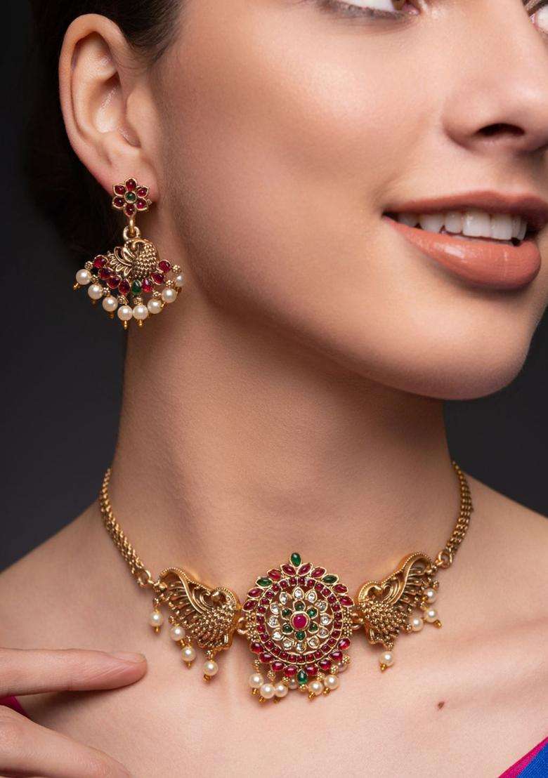Red Gold-Plated Stone Studded & Beaded Temple Jewellery Set for Women | Traditional Temple Jewellery for Wedding & Festive Wear | Gift for Her - Indya