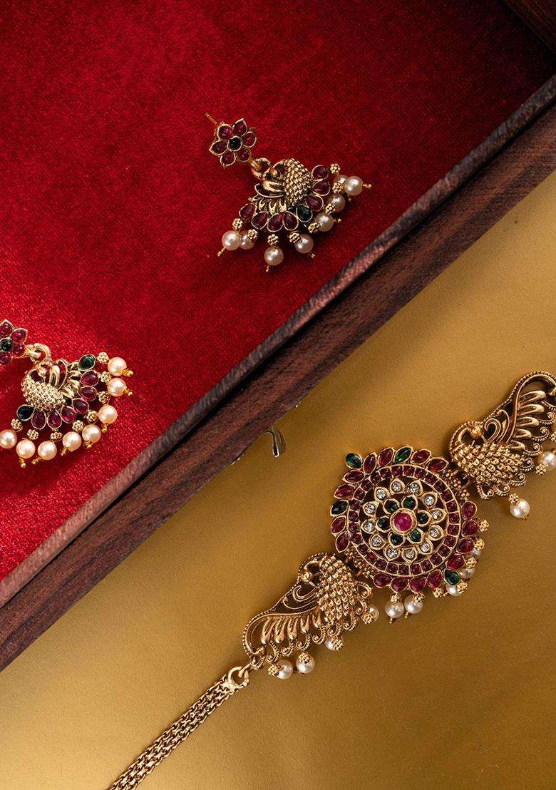 Red Gold-Plated Stone Studded & Beaded Temple Jewellery Set for Women | Traditional Temple Jewellery for Wedding & Festive Wear | Gift for Her - Indya