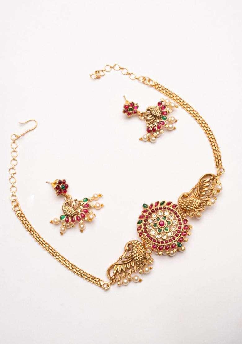 Red Gold-Plated Stone Studded & Beaded Temple Jewellery Set for Women | Traditional Temple Jewellery for Wedding & Festive Wear | Gift for Her - Indya