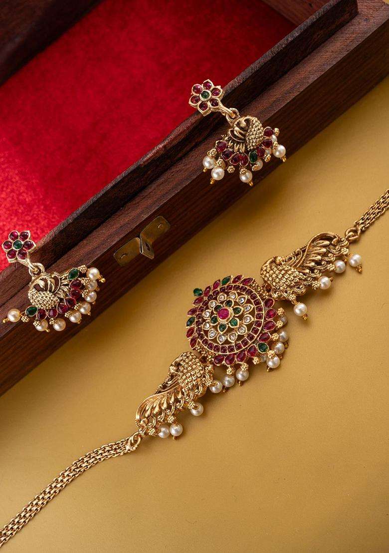 Red Gold-Plated Stone Studded & Beaded Temple Jewellery Set for Women | Traditional Temple Jewellery for Wedding & Festive Wear | Gift for Her - Indya