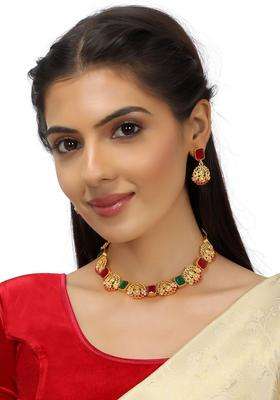 Gold-Plated Kundan-Studded Jewellery Set with Crystal for Women | Traditional Temple Jewellery for Wedding & Festive Wear | Gift for Her
