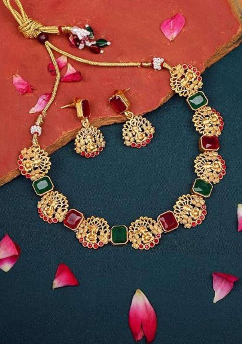 Gold-Plated Kundan-Studded Jewellery Set with Crystal for Women | Traditional Temple Jewellery for Wedding & Festive Wear | Gift for Her - Indya