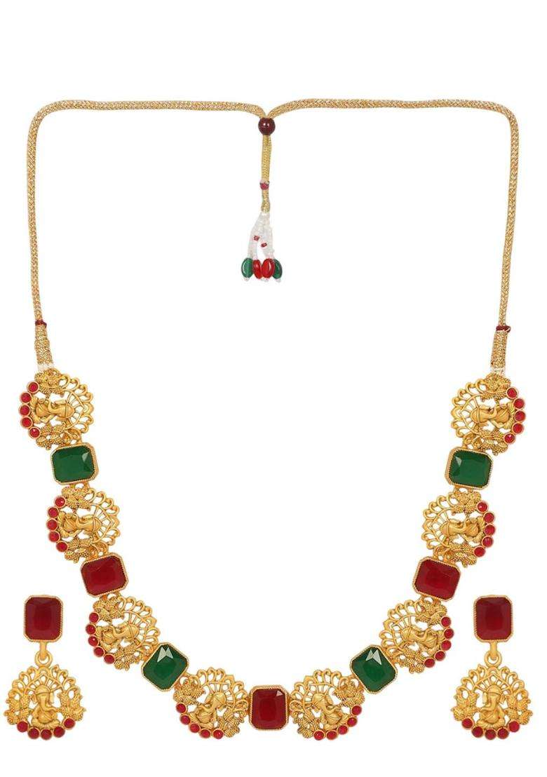Gold-Plated Kundan-Studded Jewellery Set with Crystal for Women | Traditional Temple Jewellery for Wedding & Festive Wear | Gift for Her - Indya
