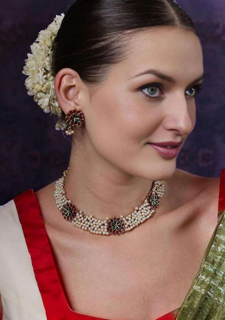 Gold-Plated Copper Artificial Stones & Beads Jewellery Set for Women | Traditional Temple Jewellery for Wedding & Festive Wear | Gift for Her - Indya