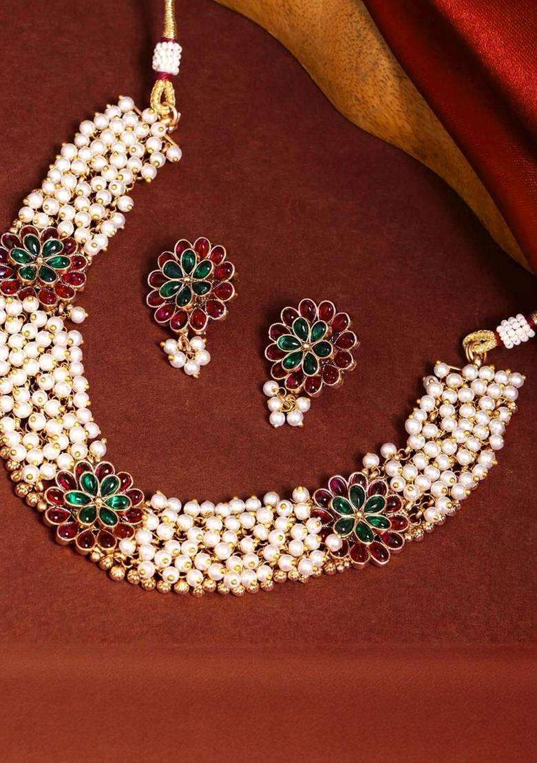 Gold-Plated Copper Artificial Stones & Beads Jewellery Set for Women | Traditional Temple Jewellery for Wedding & Festive Wear | Gift for Her - Indya