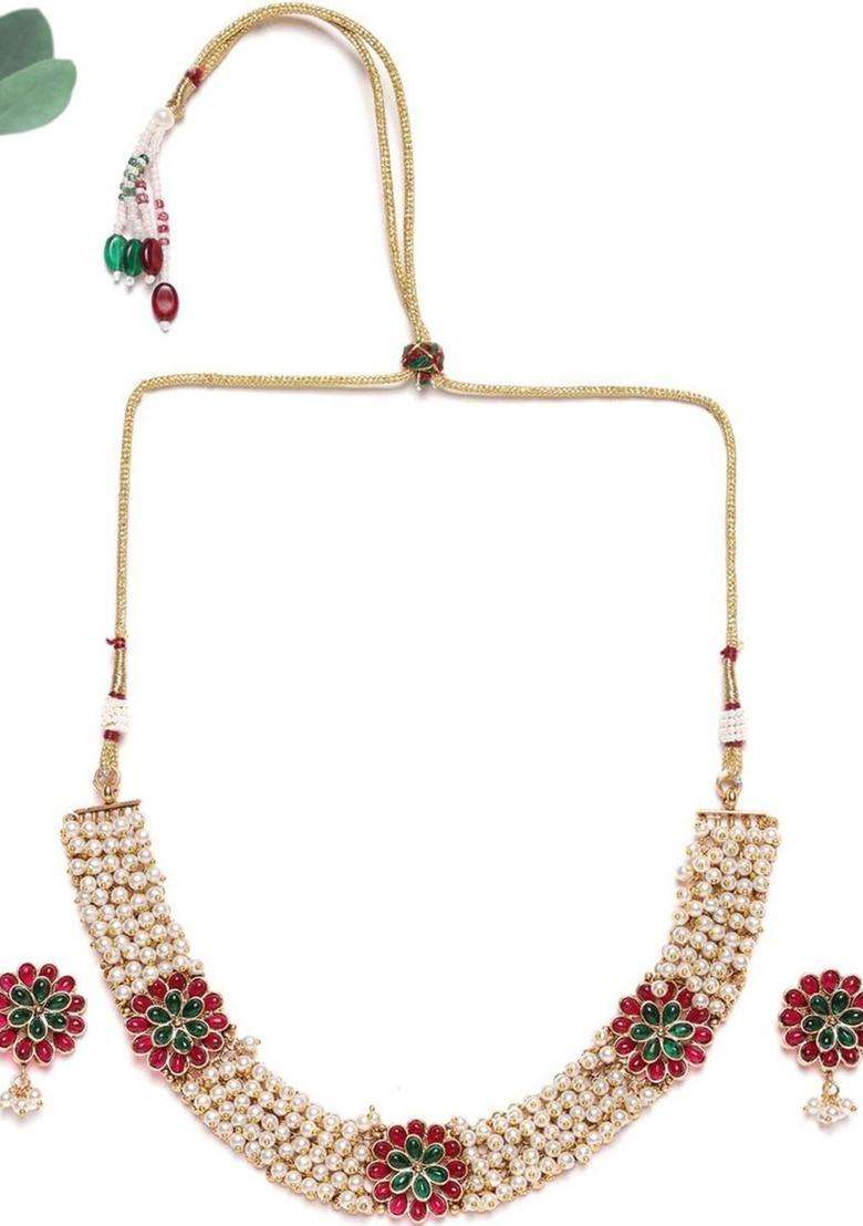 Gold-Plated Copper Artificial Stones & Beads Jewellery Set for Women | Traditional Temple Jewellery for Wedding & Festive Wear | Gift for Her - Indya