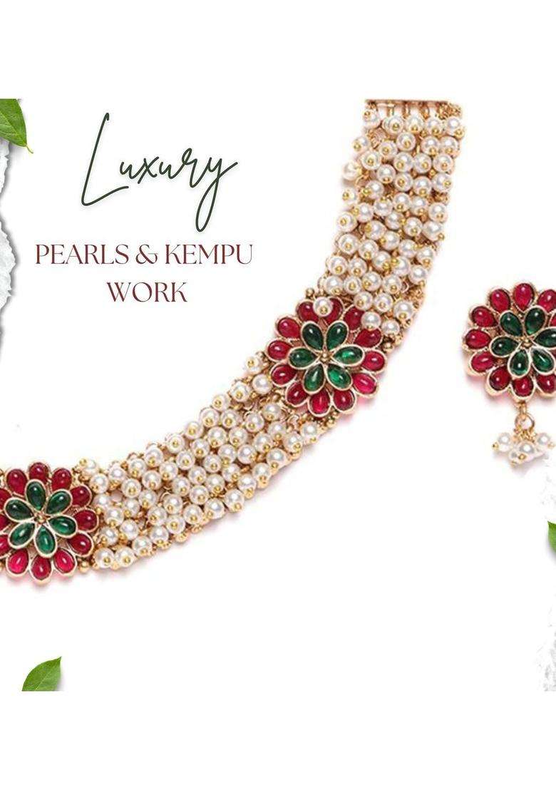 Gold-Plated Copper Artificial Stones & Beads Jewellery Set for Women | Traditional Temple Jewellery for Wedding & Festive Wear | Gift for Her - Indya
