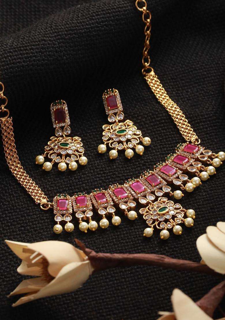 Gold-Plated American Diamond-Studded Ruby & Emarald Stone Jewellery Set for Women | Stylish Party & Everyday Wear | Gift for Her - Indya