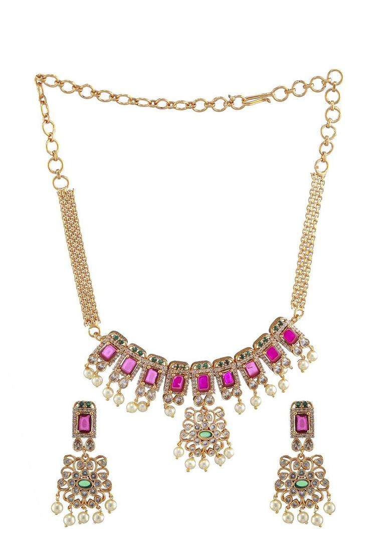 Gold-Plated American Diamond-Studded Ruby & Emarald Stone Jewellery Set for Women | Stylish Party & Everyday Wear | Gift for Her - Indya