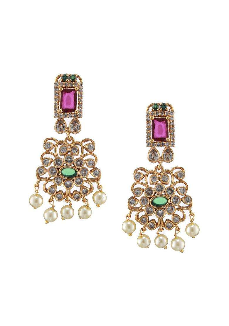 Gold-Plated American Diamond-Studded Ruby & Emarald Stone Jewellery Set for Women | Stylish Party & Everyday Wear | Gift for Her - Indya