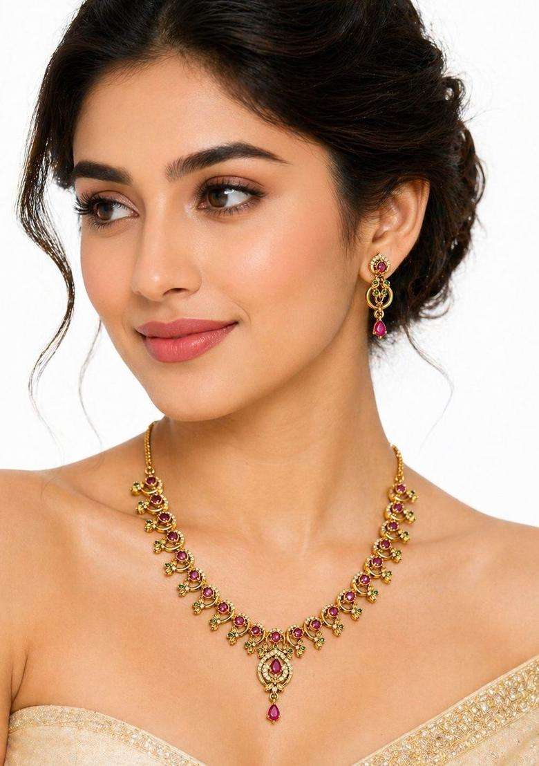 Gold-Plated Temple Cubic Zirconia Necklace and Earrings for Women | Traditional Temple Jewellery for Wedding & Festive Wear | Gift for Her - Indya
