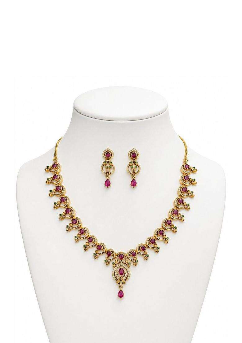 Gold-Plated Temple Cubic Zirconia Necklace and Earrings for Women | Traditional Temple Jewellery for Wedding & Festive Wear | Gift for Her - Indya