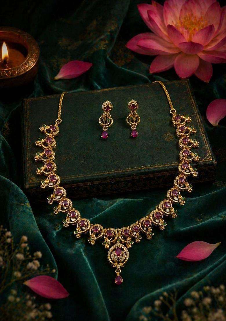 Gold-Plated Temple Cubic Zirconia Necklace and Earrings for Women | Traditional Temple Jewellery for Wedding & Festive Wear | Gift for Her - Indya