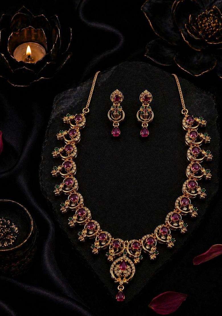 Gold-Plated Temple Cubic Zirconia Necklace and Earrings for Women | Traditional Temple Jewellery for Wedding & Festive Wear | Gift for Her - Indya