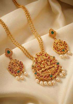 Gold-Plated Stone Studded & Beaded Goddess Laxmi Jewellery Set for Women | Traditional Temple Jewellery for Wedding & Festive Wear | Gift for Her