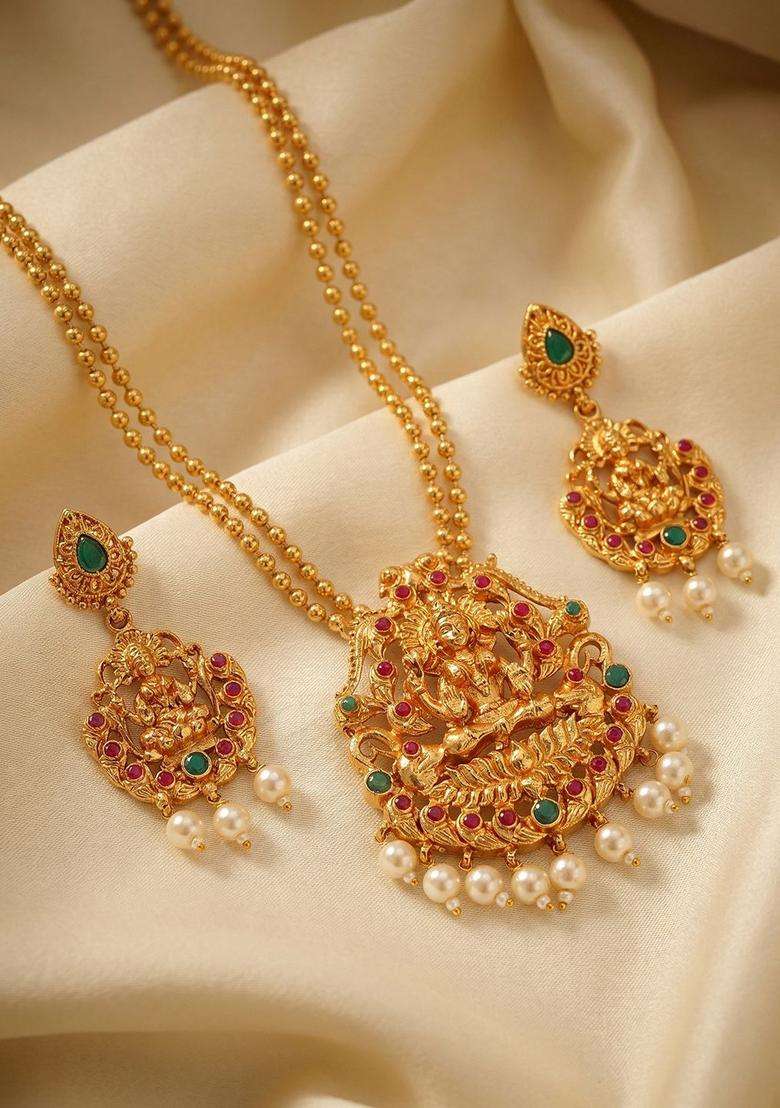 Gold-Plated Stone Studded & Beaded Goddess Laxmi Jewellery Set for Women | Traditional Temple Jewellery for Wedding & Festive Wear | Gift for Her - Indya