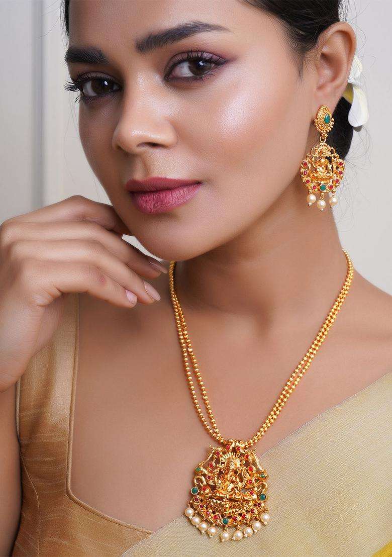Gold-Plated Stone Studded & Beaded Goddess Laxmi Jewellery Set for Women | Traditional Temple Jewellery for Wedding & Festive Wear | Gift for Her - Indya