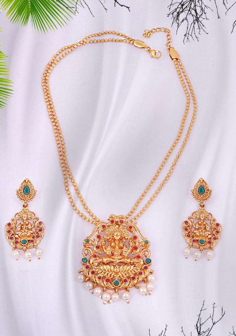Gold-Plated Stone Studded & Beaded Goddess Laxmi Jewellery Set for Women | Traditional Temple Jewellery for Wedding & Festive Wear | Gift for Her - Indya