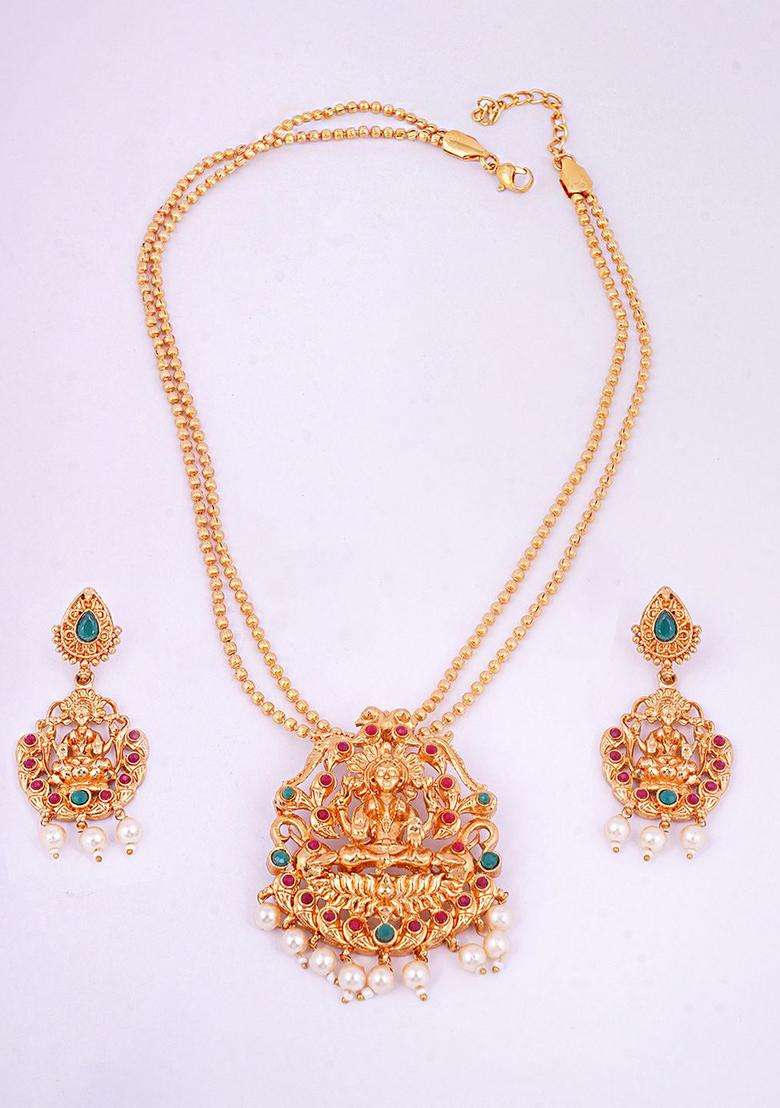 Gold-Plated Stone Studded & Beaded Goddess Laxmi Jewellery Set for Women | Traditional Temple Jewellery for Wedding & Festive Wear | Gift for Her - Indya