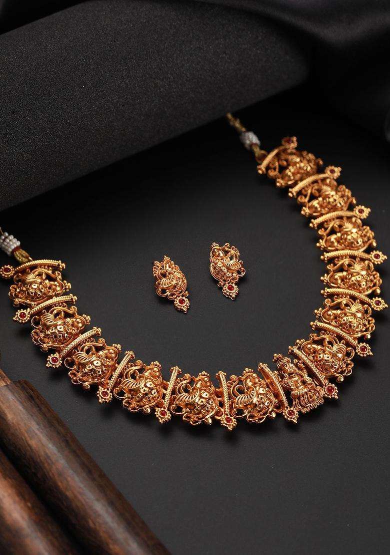 Gold-Plated Artificial Stones Studded Temple Choker Jewellery Set for Women | Traditional Temple Jewellery for Wedding & Festive Wear | Gift for Her - Indya