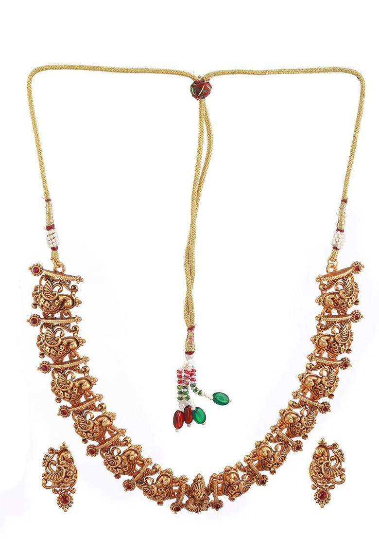 Gold-Plated Artificial Stones Studded Temple Choker Jewellery Set for Women | Traditional Temple Jewellery for Wedding & Festive Wear | Gift for Her - Indya