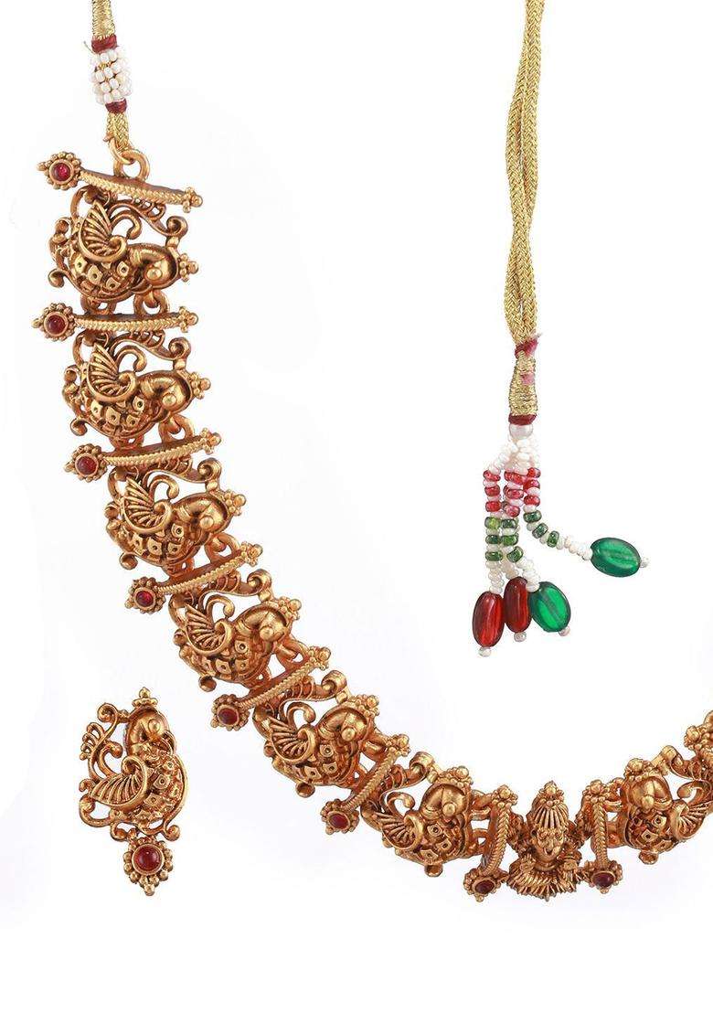 Gold-Plated Artificial Stones Studded Temple Choker Jewellery Set for Women | Traditional Temple Jewellery for Wedding & Festive Wear | Gift for Her - Indya