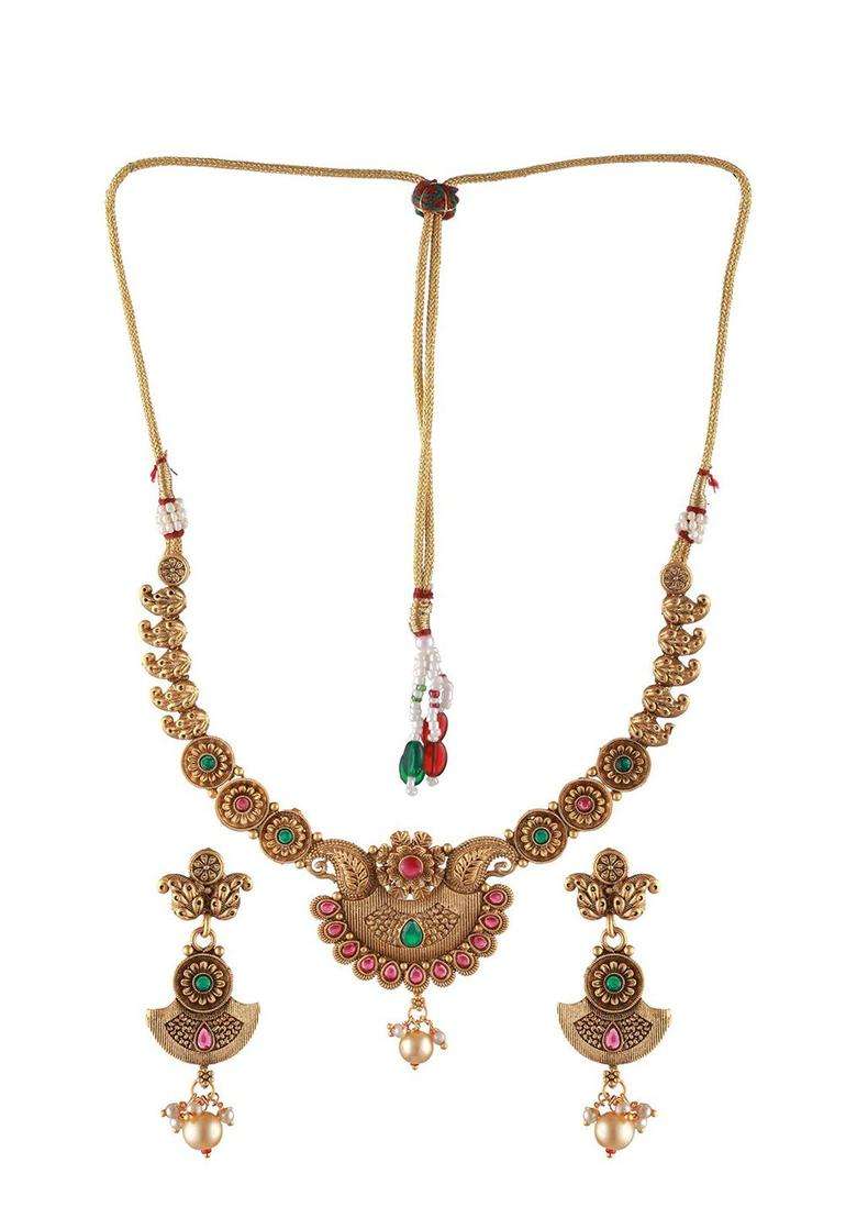 Gold-Plated Artificial Stones and Beads-Studded Jewellery Set for Women | Traditional Temple Jewellery for Wedding & Festive Wear | Gift for Her - Indya