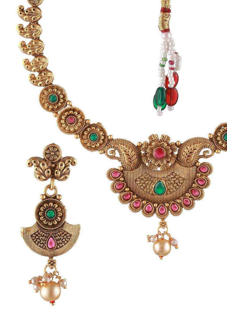 Gold-Plated Artificial Stones and Beads-Studded Jewellery Set for Women | Traditional Temple Jewellery for Wedding & Festive Wear | Gift for Her - Indya