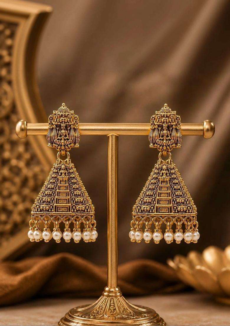 Gold-Plated Geometric Jhumkas Earrings for Women | Traditional Temple Jewellery for Wedding & Festive Wear | Gift for Her - Indya