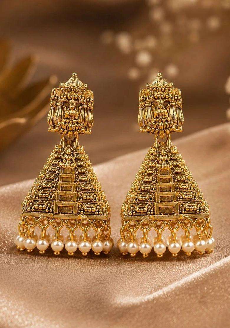 Gold-Plated Geometric Jhumkas Earrings for Women | Traditional Temple Jewellery for Wedding & Festive Wear | Gift for Her - Indya