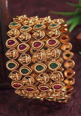 Set of 4 Gold-Plated Artificial Stones and Beads Studded Temple Bangles for Women | Traditional Temple Jewellery for Wedding & Festive Wear | Gift for Her