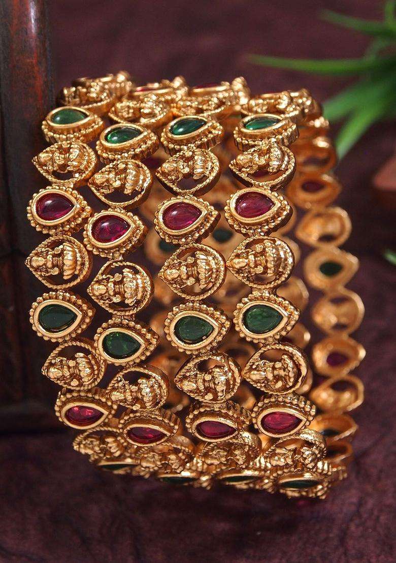 Set of 4 Gold-Plated Artificial Stones and Beads Studded Temple Bangles for Women | Traditional Temple Jewellery for Wedding & Festive Wear | Gift for Her - Indya
