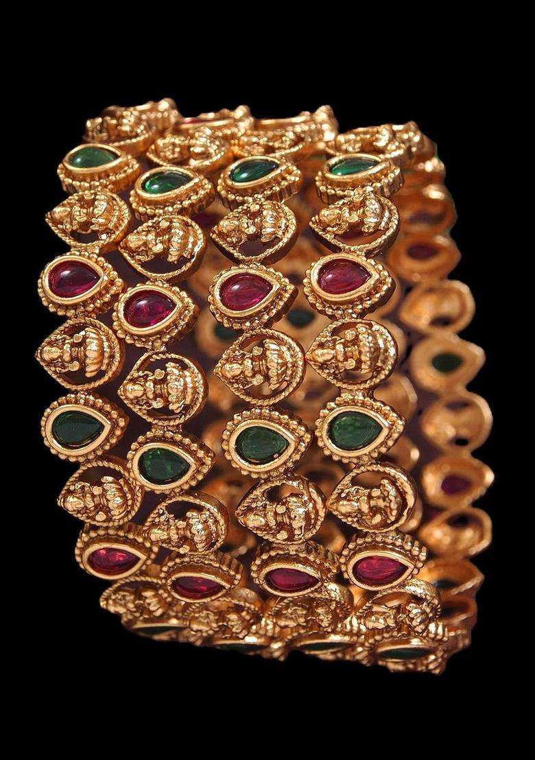 Set of 4 Gold-Plated Artificial Stones and Beads Studded Temple Bangles for Women | Traditional Temple Jewellery for Wedding & Festive Wear | Gift for Her - Indya