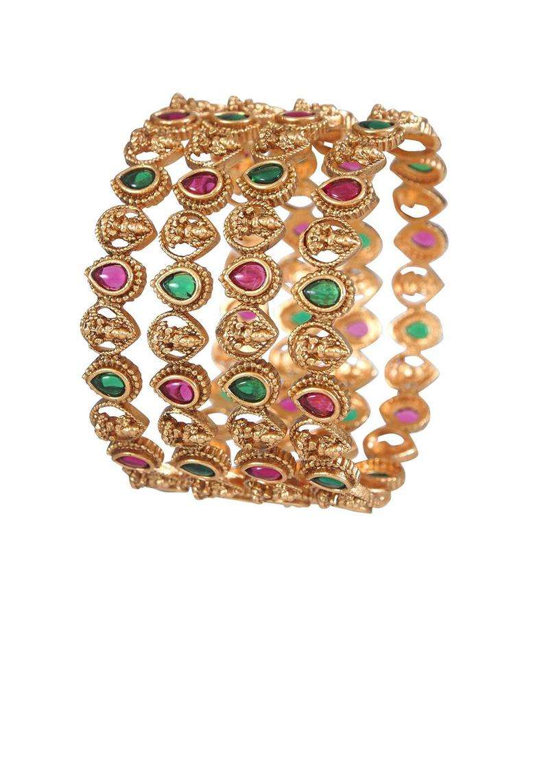 Set of 4 Gold-Plated Artificial Stones and Beads Studded Temple Bangles for Women | Traditional Temple Jewellery for Wedding & Festive Wear | Gift for Her - Indya