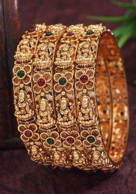 Set of 4 Gold-Plated Artificial Stones and Beads Studded Matte Temple Bangles for Women | Traditional Temple Jewellery for Wedding & Festive Wear | Gift for Her