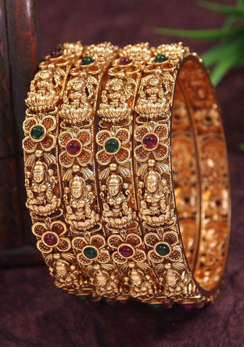 Set of 4 Gold-Plated Artificial Stones and Beads Studded Matte Temple Bangles for Women | Traditional Temple Jewellery for Wedding & Festive Wear | Gift for Her - Indya