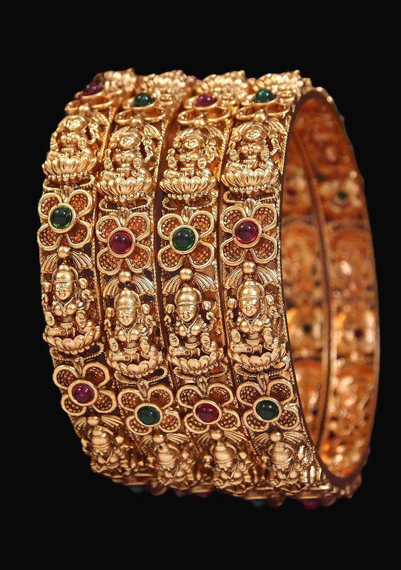 Set of 4 Gold-Plated Artificial Stones and Beads Studded Matte Temple Bangles for Women | Traditional Temple Jewellery for Wedding & Festive Wear | Gift for Her - Indya