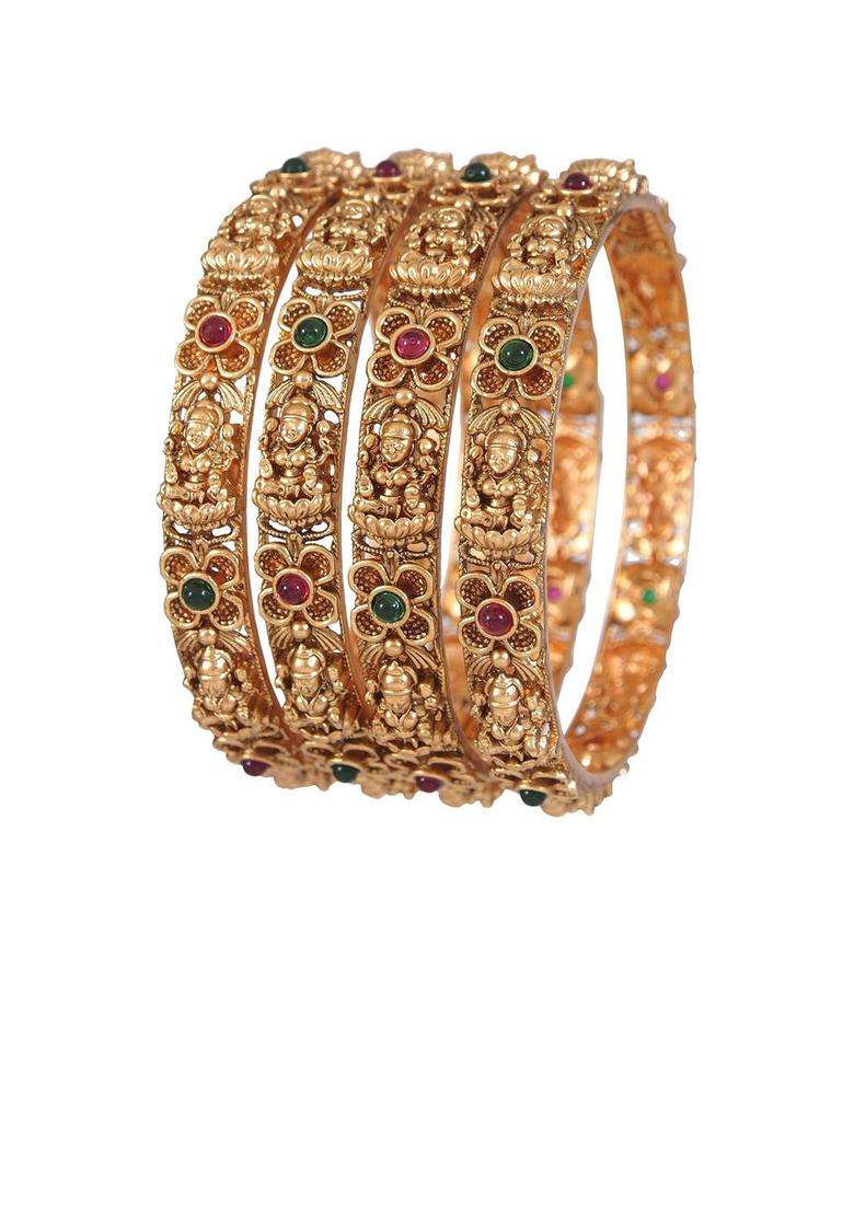 Set of 4 Gold-Plated Artificial Stones and Beads Studded Matte Temple Bangles for Women | Traditional Temple Jewellery for Wedding & Festive Wear | Gift for Her - Indya