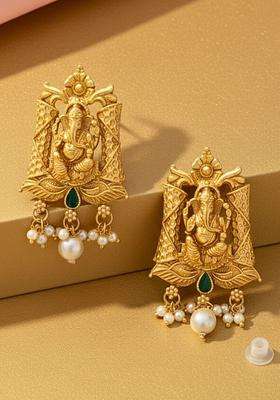 Gold-Plated Brass Rajwadi Kempu Stones Temple Lord Ganesha Big Stud Earrings for Women | Traditional Temple Jewellery for Wedding & Festive Wear | Gift for Her