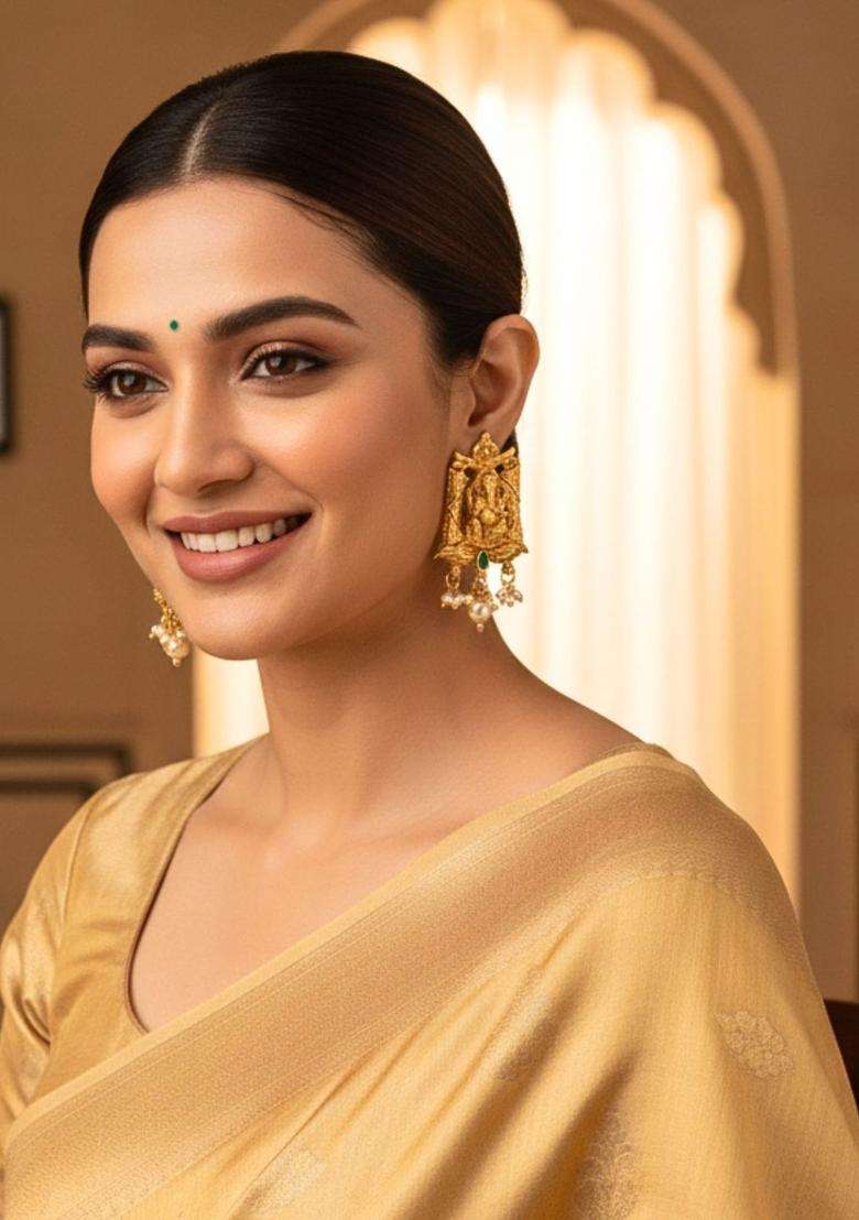 Gold-Plated Brass Rajwadi Kempu Stones Temple Lord Ganesha Big Stud Earrings for Women | Traditional Temple Jewellery for Wedding & Festive Wear | Gift for Her - Indya