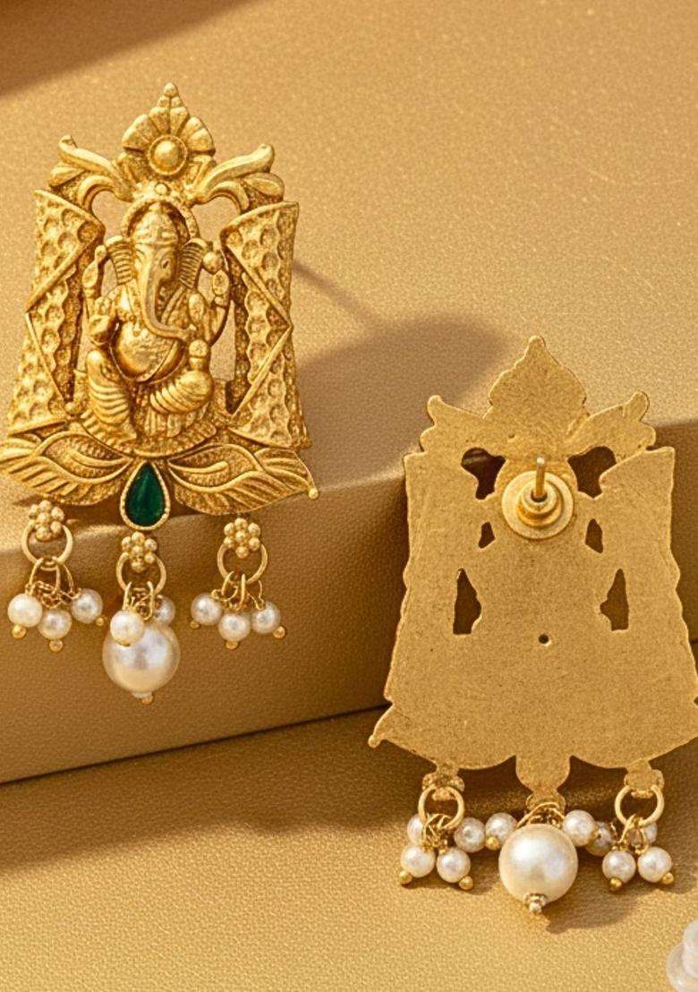 Gold-Plated Brass Rajwadi Kempu Stones Temple Lord Ganesha Big Stud Earrings for Women | Traditional Temple Jewellery for Wedding & Festive Wear | Gift for Her - Indya